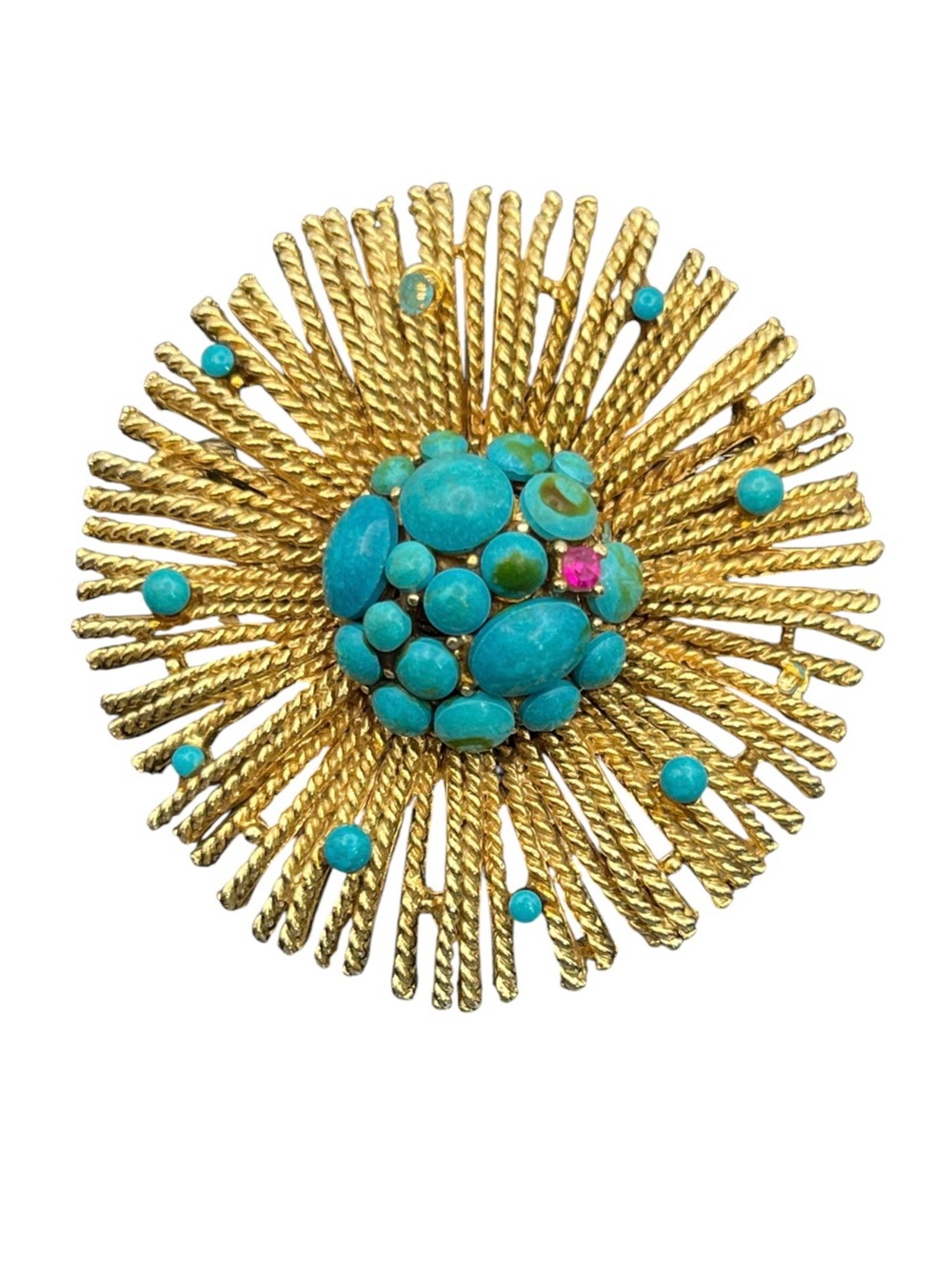CAPRI Mid-Century SPACE AGE Pin Brooch Modernist ATOMIC gold blue & pink vintage